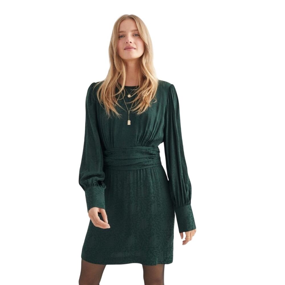 & Other Stories Gathered Floral Jacquard Dress Mini Long Sleeve Dark Green 4